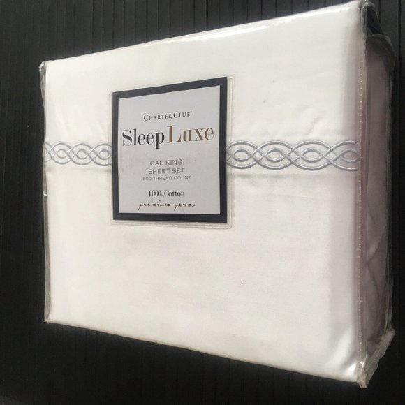 Emb Hem Charter Club Sleep Luxe WHITE + BLUE 800 TC CAL KING Sheet Set 16" Deep - Picture 7 of 7